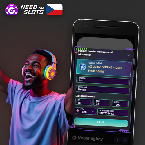 Need for Slots casino registrace — přihlašovací formulář s neonovými akcenty