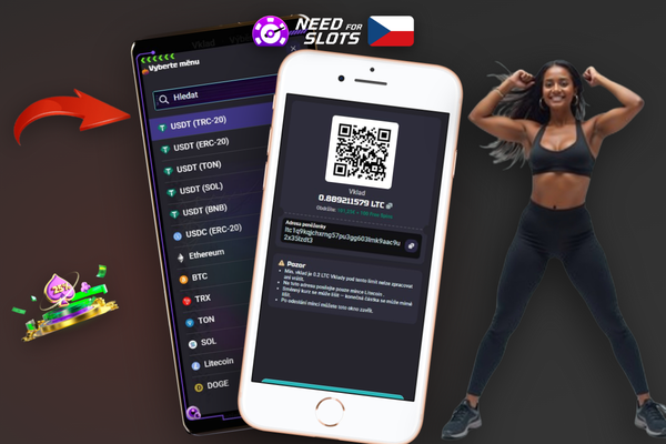 QR kód a krypto adresa v pokladně Need for Slots pro správný vklad USDT nebo BTC