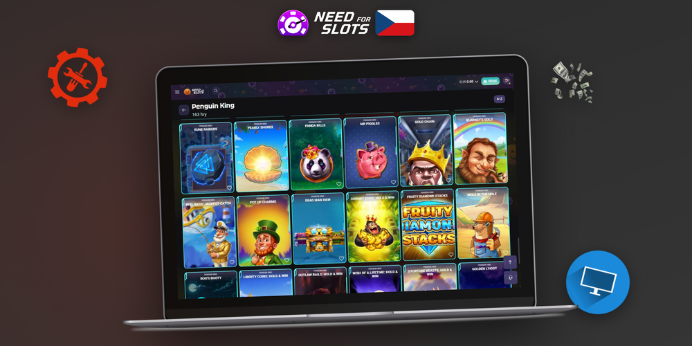 Need for Slots PC lobby s výběrem automatů na velkém monitoru pracovního stolu
